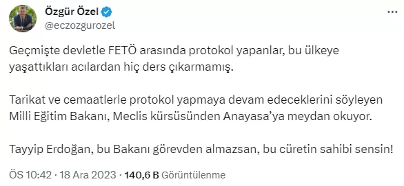 CHP Genel Başkanı Özgür Özel, TBMM'de Milli Eğitim Bakanı Yusuf Tekin'in "tarikat ve cemaat" ifadelerine karşılık olarak Cumhurbaşkanı Erdoğan'a çağrıda bulundu. 