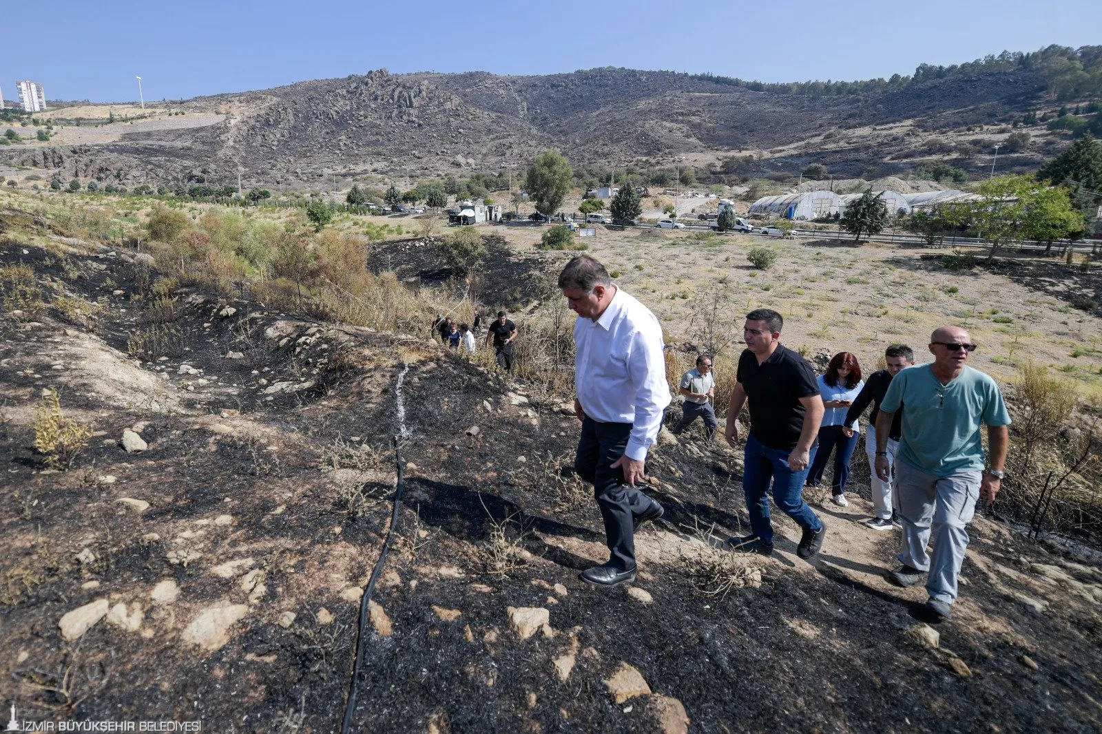 İzmir Büyükşehir Belediye Başkanı Cemil Tugay, yangınların ciddi zarar verdiği Mutluluk Ormanı'nda incelemelerde bulundu. Ağaçların kurtarılması için çalışmalar başlatıldı.