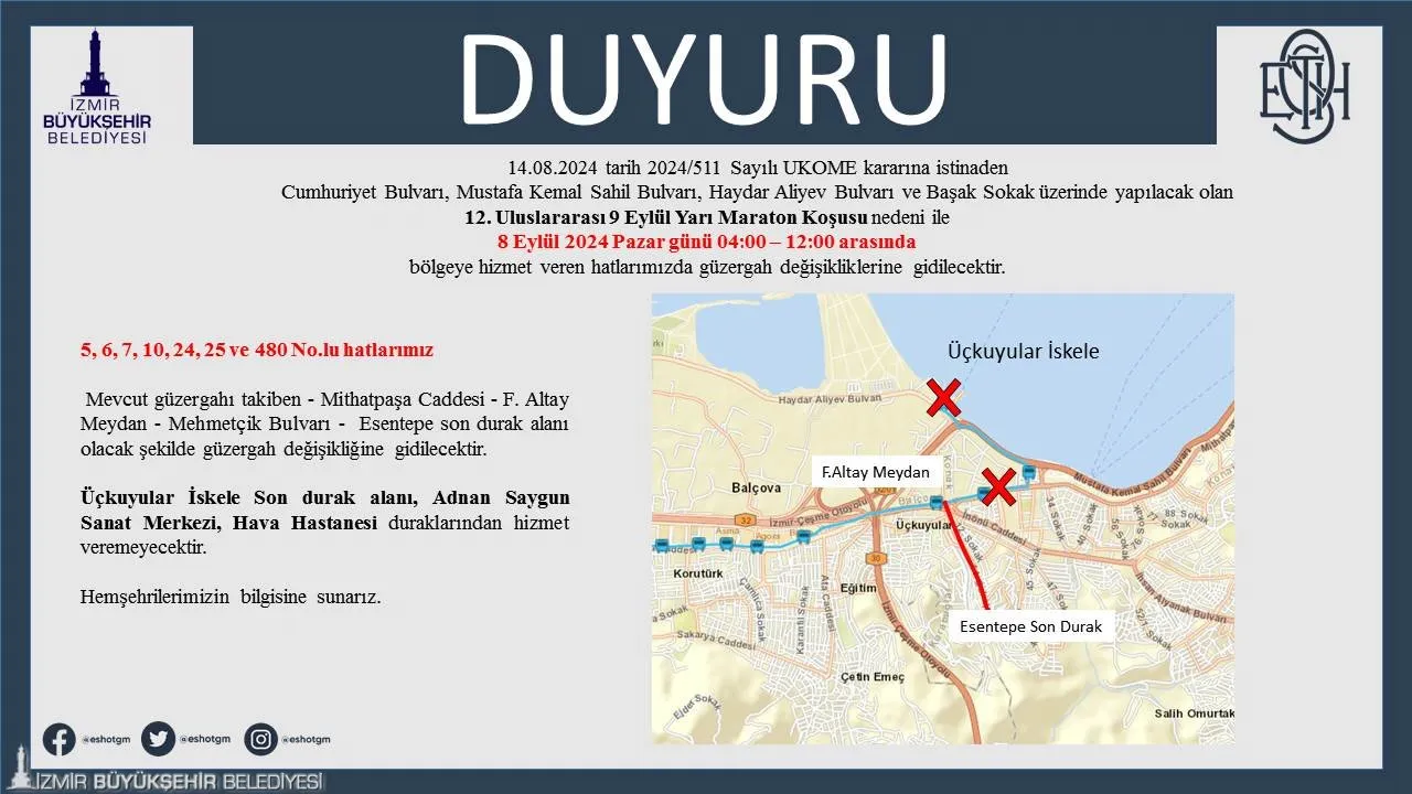 102. Kurtuluş Yıldönümü kutlamaları kapsamında düzenlenecek 12. Uluslararası 9 Eylül Yarı Maratonu nedeniyle, 8 Eylül Pazar günü şehir genelinde ulaşımda önemli değişiklikler yaşanacak. 