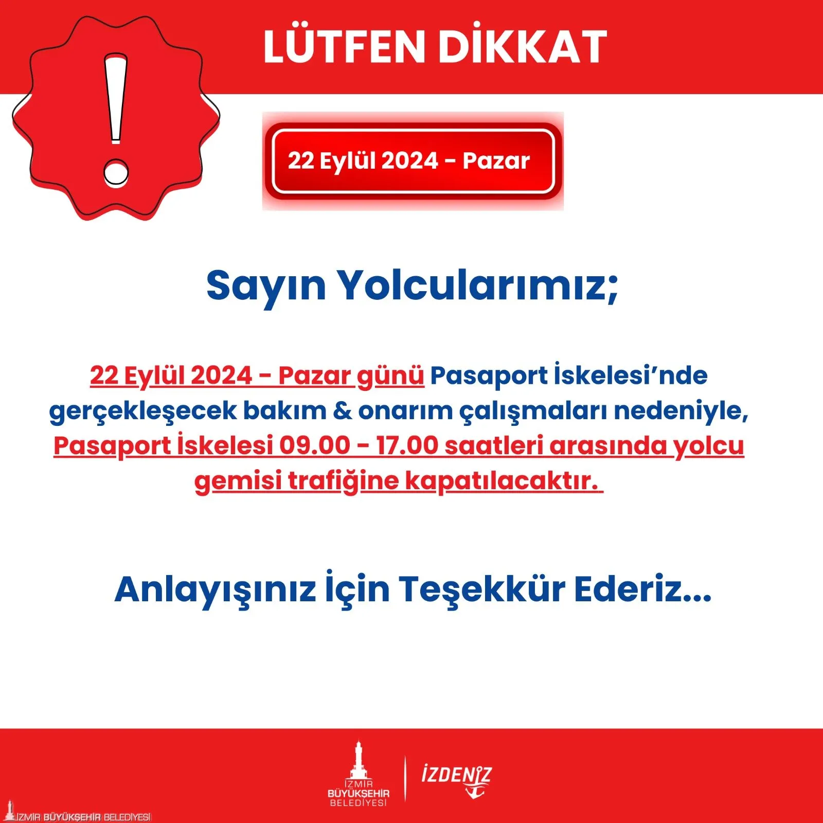  İzmir Büyükşehir Belediyesi'nden yapılan açıklamada, 20-22 Eylül tarihlerinde şehir genelinde ulaşımda önemli değişiklikler olacağı duyuruldu.