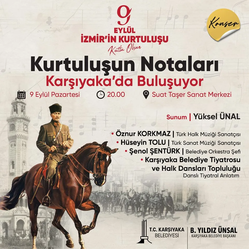 Karşıyaka Belediyesi, 9 Eylül'ü kutlamak için ücretsiz bir konser düzenliyor. Suat Taşer Sanat Merkezi'nde gerçekleştirilecek etkinlikte, İzmir'in kurtuluşunu anlatan şarkılar seslendirilecek.